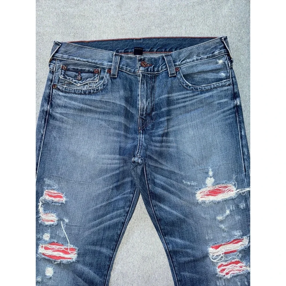 True Religion Mens Geno Relaxed Slim Distressed Dark Wash Blue Size 38‎